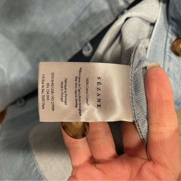 Cute Sezane Vennila denim chambray chunky tortoise button puff sleeve mini dress - Picture 6 of 11